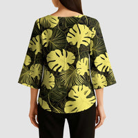 Yellow Hawaii Kukui Nut Lei Kimono Sleeve Blouse Hawaiian Pattern Monstera Tropical Vibes LT14 - Polynesian Pride