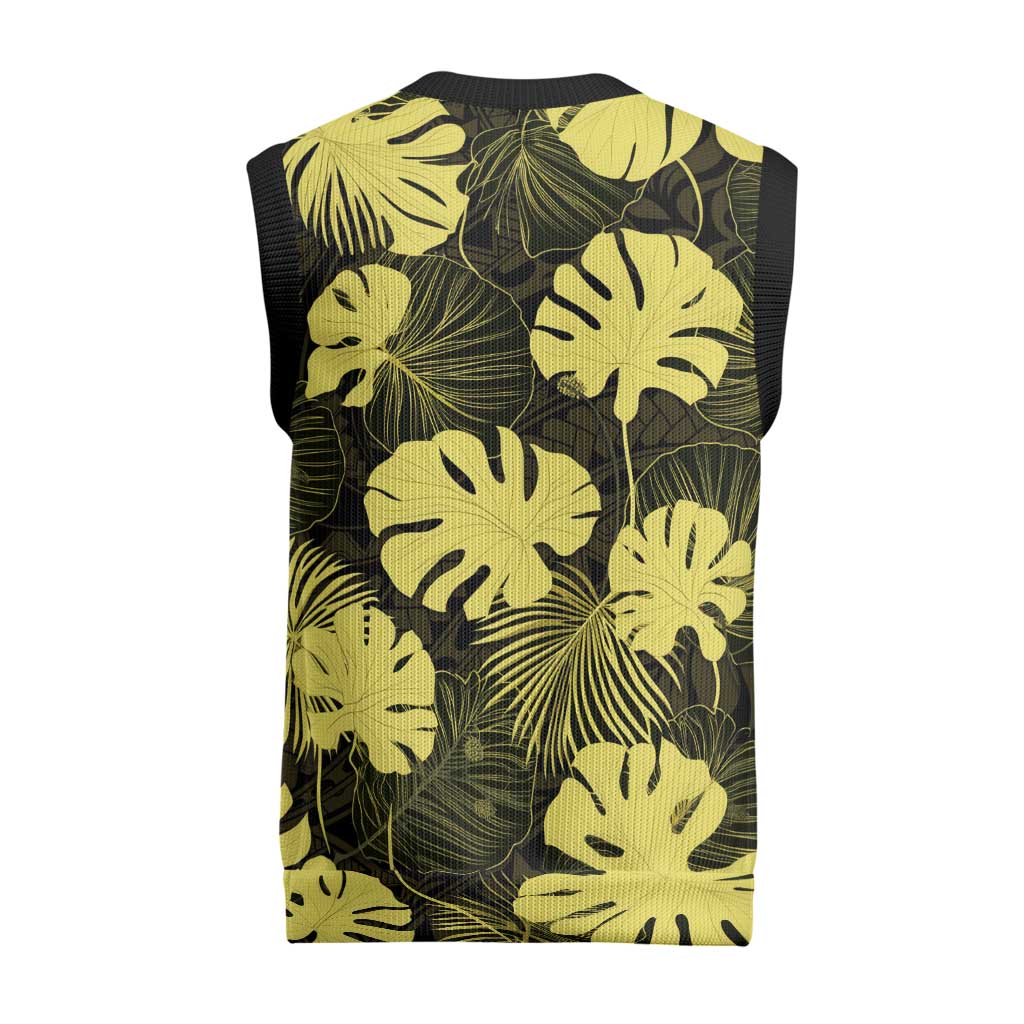 Yellow Hawaii Kukui Nut Lei Christmas Knitted V-Neck Vest Hawaiian Pattern Monstera Tropical Vibes - Polynesian Pride