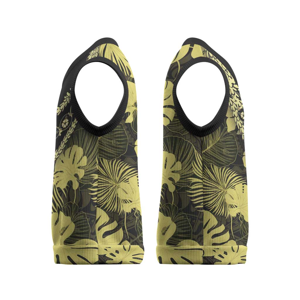 Yellow Hawaii Kukui Nut Lei Christmas Knitted V-Neck Vest Hawaiian Pattern Monstera Tropical Vibes - Polynesian Pride