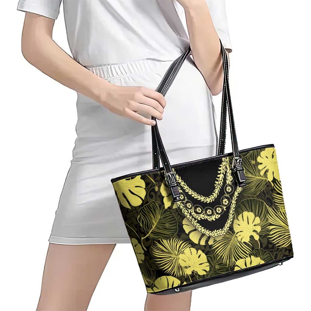 Yellow Hawaii Kukui Nut Lei Leather Tote Bag Hawaiian Pattern Monstera Tropical Vibes - Polynesian Pride