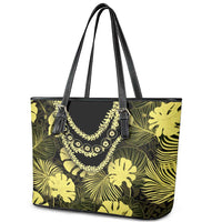 Yellow Hawaii Kukui Nut Lei Leather Tote Bag Hawaiian Pattern Monstera Tropical Vibes - Polynesian Pride
