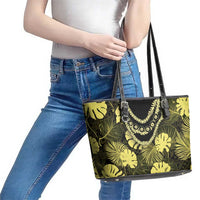 Yellow Hawaii Kukui Nut Lei Leather Tote Bag Hawaiian Pattern Monstera Tropical Vibes - Polynesian Pride