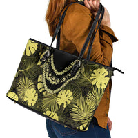 Yellow Hawaii Kukui Nut Lei Leather Tote Bag Hawaiian Pattern Monstera Tropical Vibes - Polynesian Pride