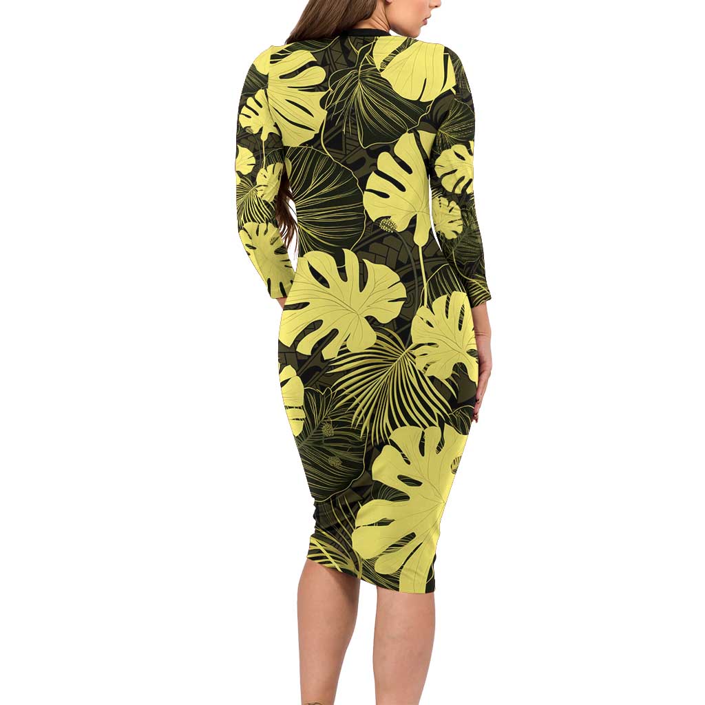 Yellow Hawaii Kukui Nut Lei Long Sleeve Bodycon Dress Hawaiian Pattern Monstera Tropical Vibes - Polynesian Pride