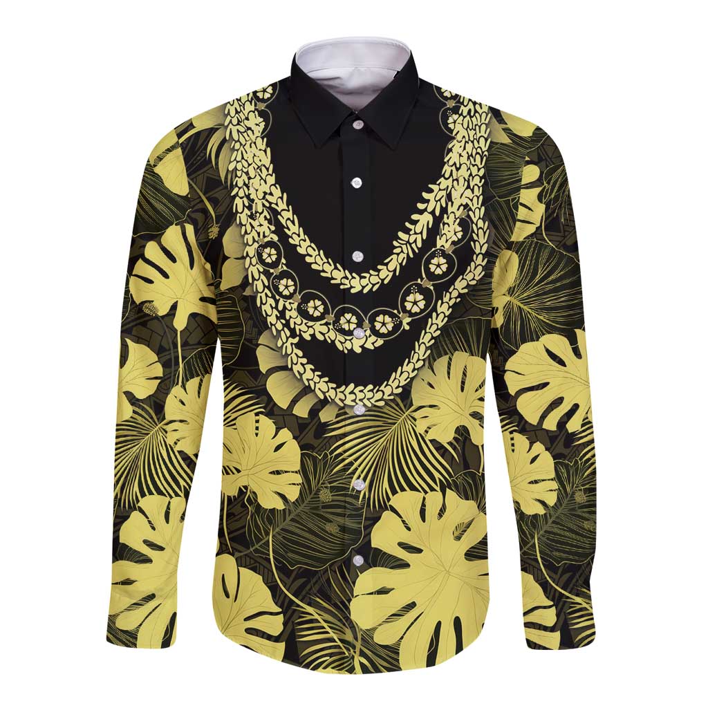 Yellow Hawaii Kukui Nut Lei Long Sleeve Button Shirt Hawaiian Pattern Monstera Tropical Vibes LT14 Unisex Yellow - Polynesian Pride