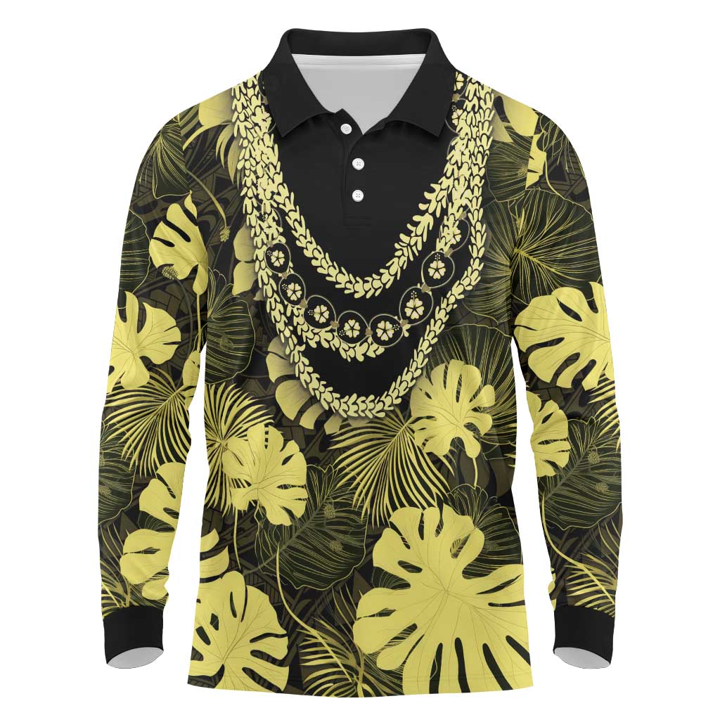 Yellow Hawaii Kukui Nut Lei Long Sleeve Polo Shirt Hawaiian Pattern Monstera Tropical Vibes LT14 Yellow - Polynesian Pride