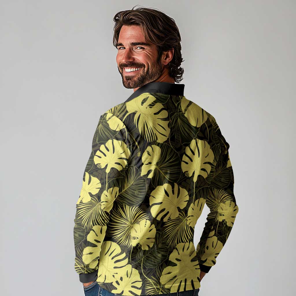 Yellow Hawaii Kukui Nut Lei Long Sleeve Polo Shirt Hawaiian Pattern Monstera Tropical Vibes LT14 - Polynesian Pride
