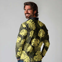 Yellow Hawaii Kukui Nut Lei Long Sleeve Polo Shirt Hawaiian Pattern Monstera Tropical Vibes LT14 - Polynesian Pride