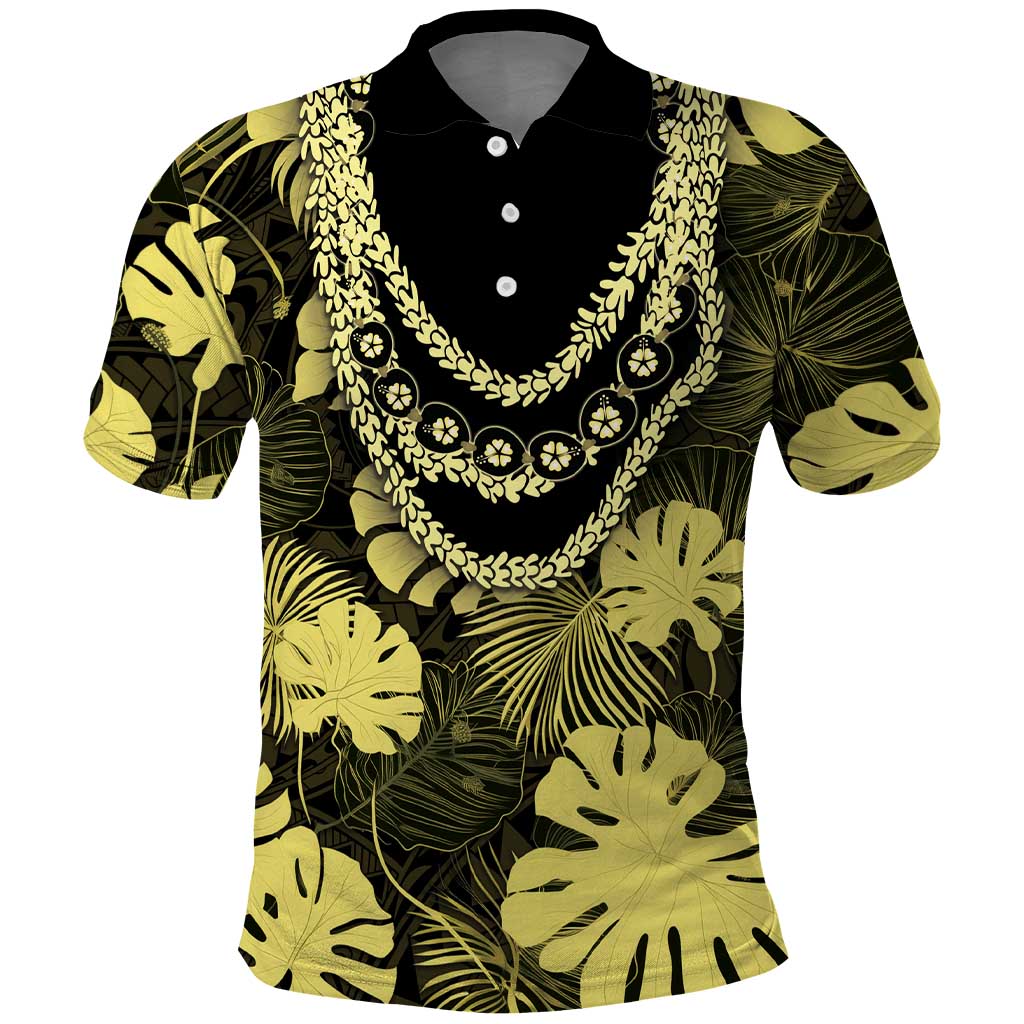 Yellow Hawaii Kukui Nut Lei Polo Shirt Hawaiian Pattern Monstera Tropical Vibes - Polynesian Pride