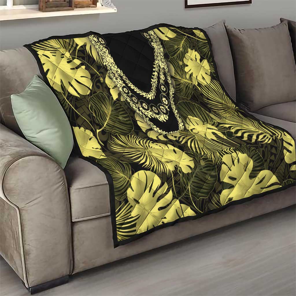 Yellow Hawaii Kukui Nut Lei Quilt Hawaiian Pattern Monstera Tropical Vibes - Polynesian Pride