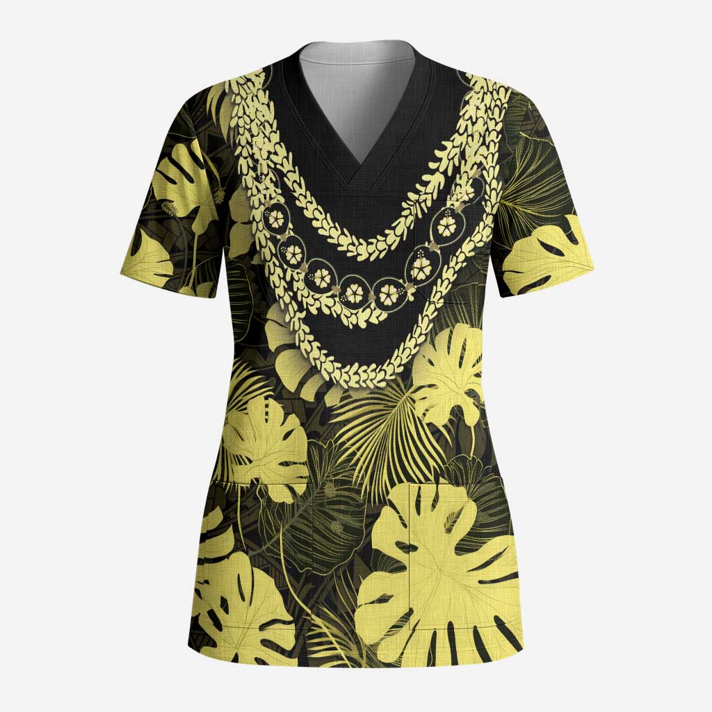 Yellow Hawaii Kukui Nut Lei Scrub Top Hawaiian Pattern Monstera Tropical Vibes LT14 Adult Yellow - Polynesian Pride