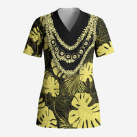 Yellow Hawaii Kukui Nut Lei Scrub Top Hawaiian Pattern Monstera Tropical Vibes LT14 Adult Yellow - Polynesian Pride