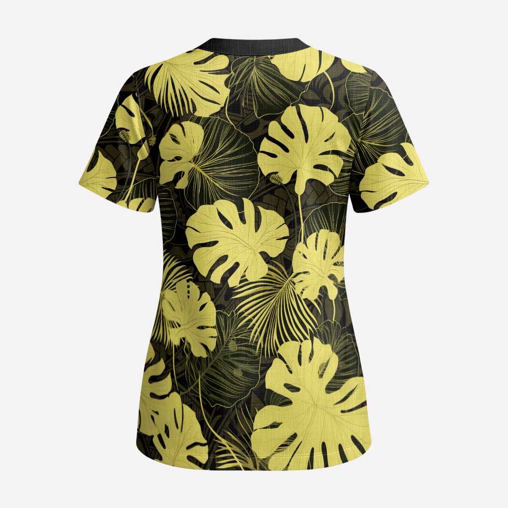 Yellow Hawaii Kukui Nut Lei Scrub Top Hawaiian Pattern Monstera Tropical Vibes LT14 - Polynesian Pride