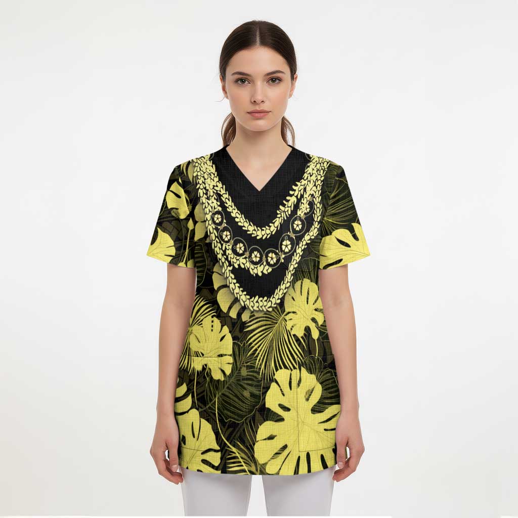 Yellow Hawaii Kukui Nut Lei Scrub Top Hawaiian Pattern Monstera Tropical Vibes LT14 - Polynesian Pride