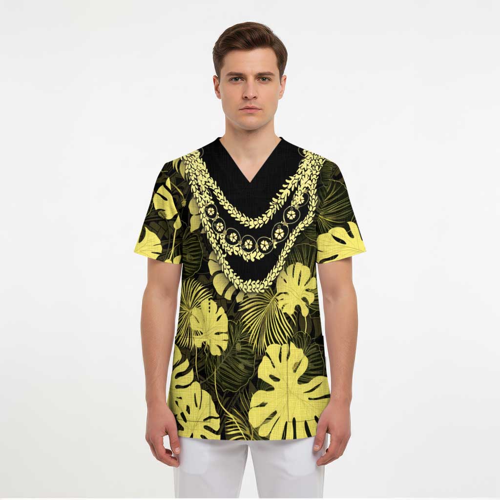 Yellow Hawaii Kukui Nut Lei Scrub Top Hawaiian Pattern Monstera Tropical Vibes LT14 - Polynesian Pride