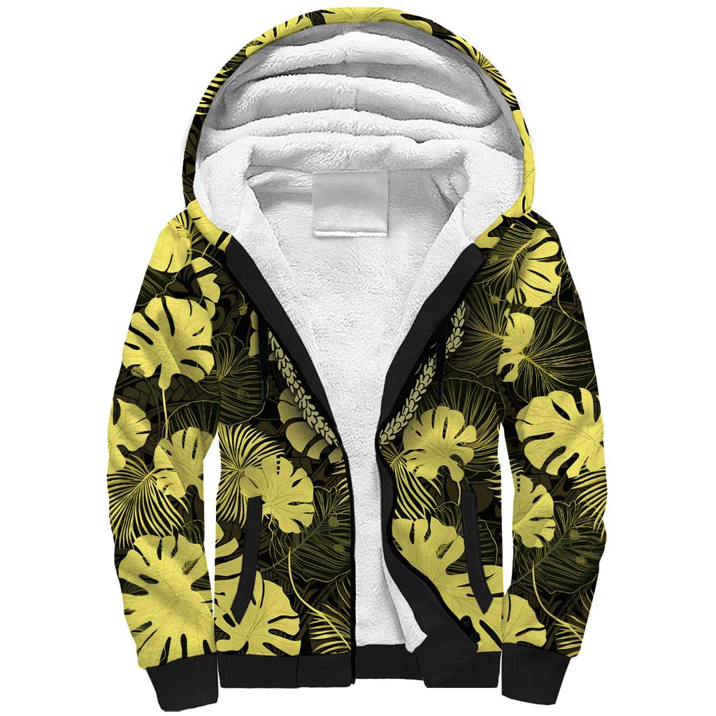 Yellow Hawaii Kukui Nut Lei Sherpa Hoodie Hawaiian Pattern Monstera Tropical Vibes - Polynesian Pride