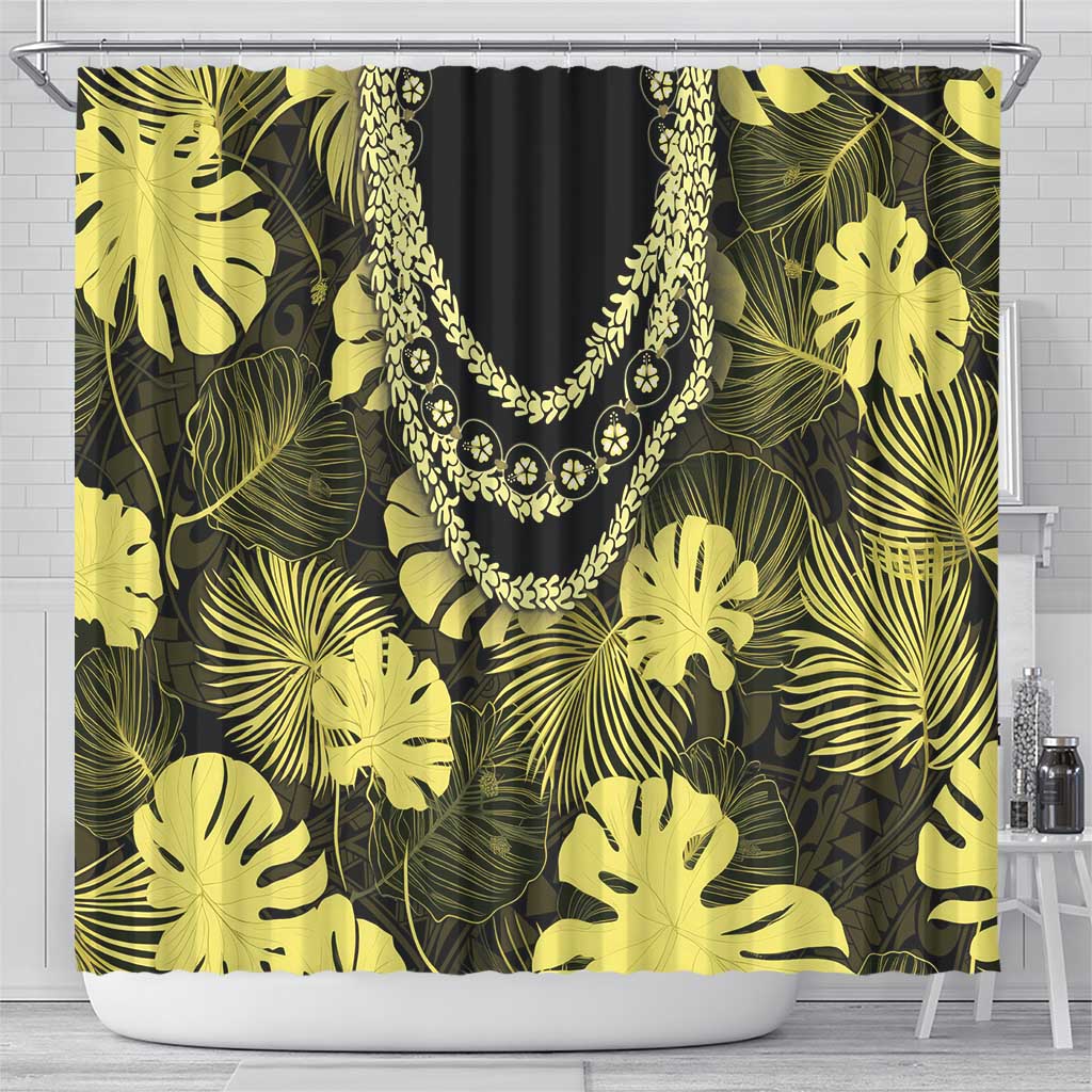 Yellow Hawaii Kukui Nut Lei Shower Curtain Hawaiian Pattern Monstera Tropical Vibes - Polynesian Pride
