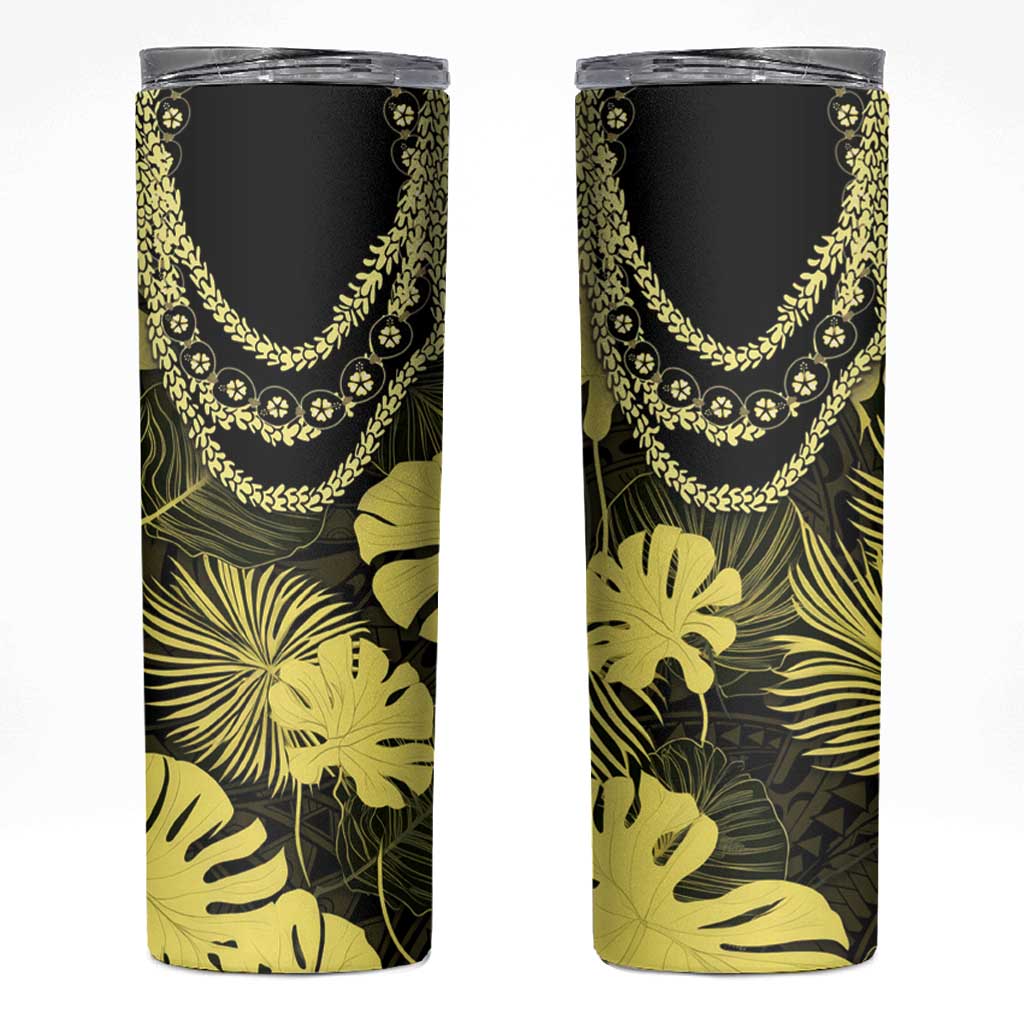Yellow Hawaii Kukui Nut Lei Skinny Tumbler Hawaiian Pattern Monstera Tropical Vibes - Polynesian Pride