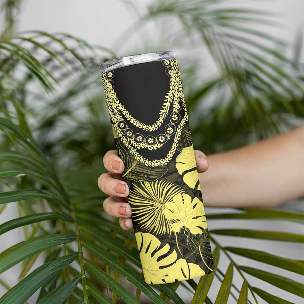 Yellow Hawaii Kukui Nut Lei Skinny Tumbler Hawaiian Pattern Monstera Tropical Vibes - Polynesian Pride