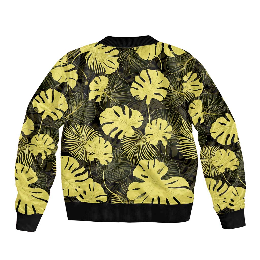Yellow Hawaii Kukui Nut Lei Sleeve Zip Bomber Jacket Hawaiian Pattern Monstera Tropical Vibes LT14 - Polynesian Pride