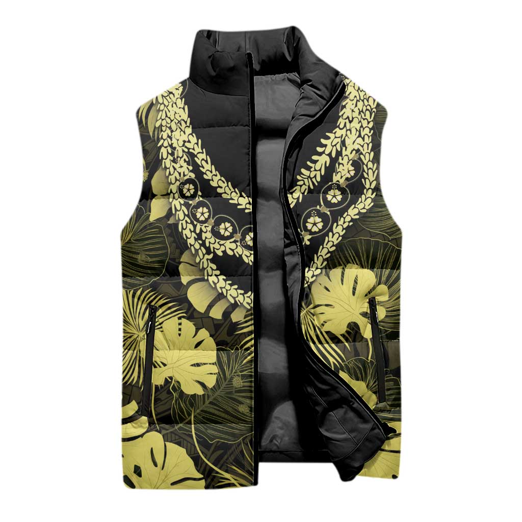 Yellow Hawaii Kukui Nut Lei Sleeveless Puffer Jacket Hawaiian Pattern Monstera Tropical Vibes LT14 - Polynesian Pride