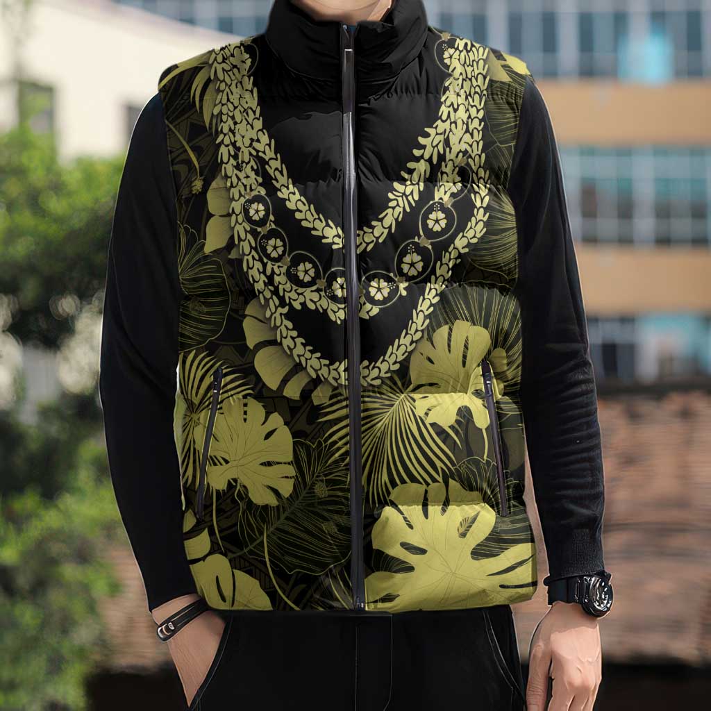 Yellow Hawaii Kukui Nut Lei Sleeveless Puffer Jacket Hawaiian Pattern Monstera Tropical Vibes LT14 - Polynesian Pride