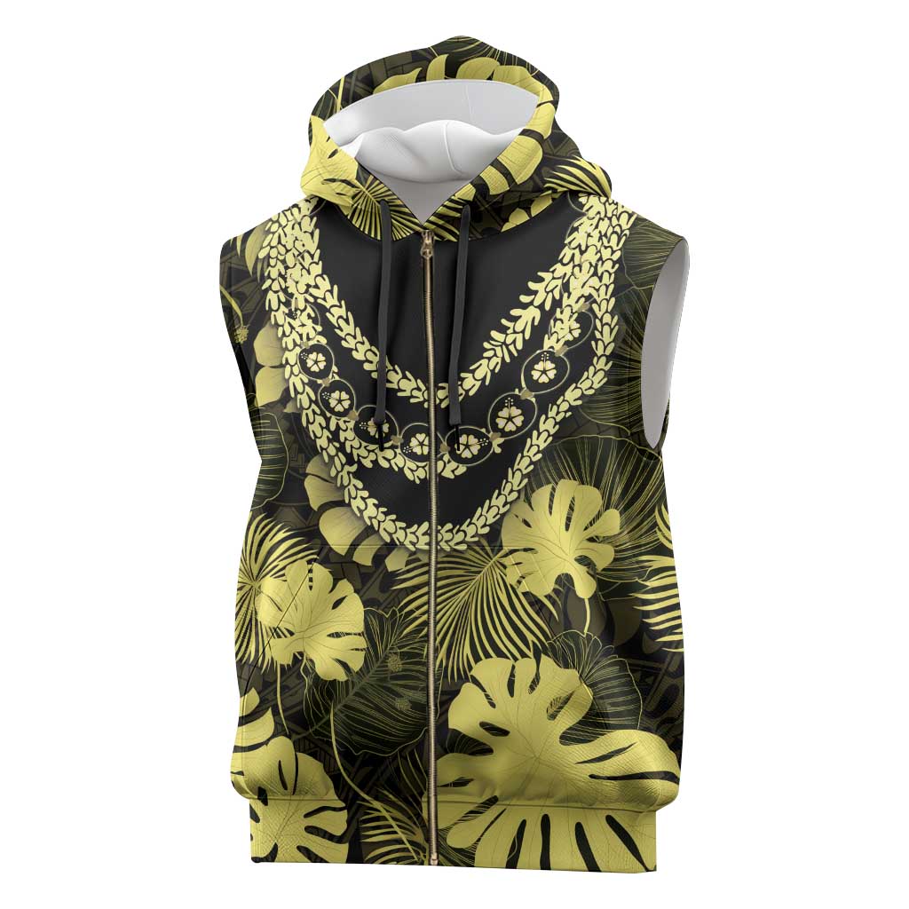 Yellow Hawaii Kukui Nut Lei Sleeveless Zip Hoodie Hawaiian Pattern Monstera Tropical Vibes - Polynesian Pride