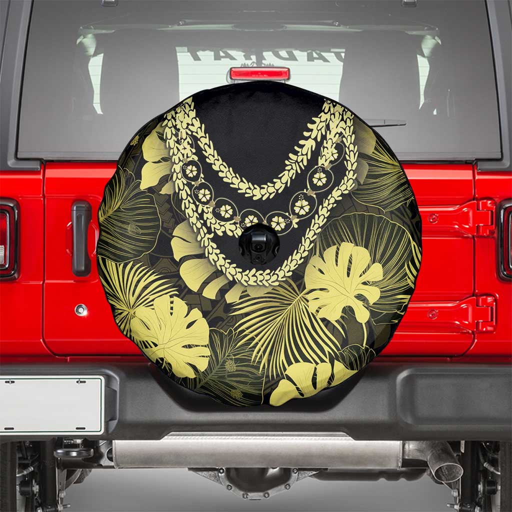 Yellow Hawaii Kukui Nut Lei Spare Tire Cover Hawaiian Pattern Monstera Tropical Vibes - Polynesian Pride