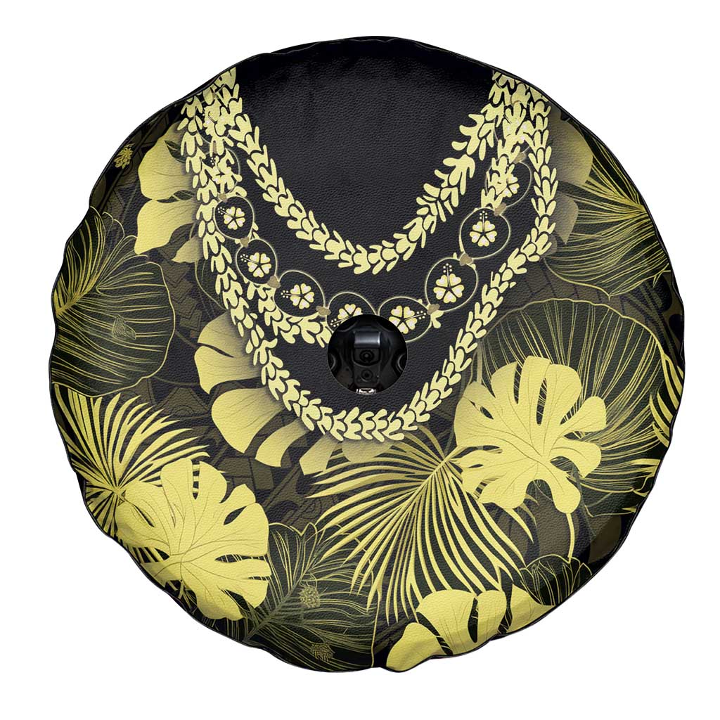 Yellow Hawaii Kukui Nut Lei Spare Tire Cover Hawaiian Pattern Monstera Tropical Vibes - Polynesian Pride