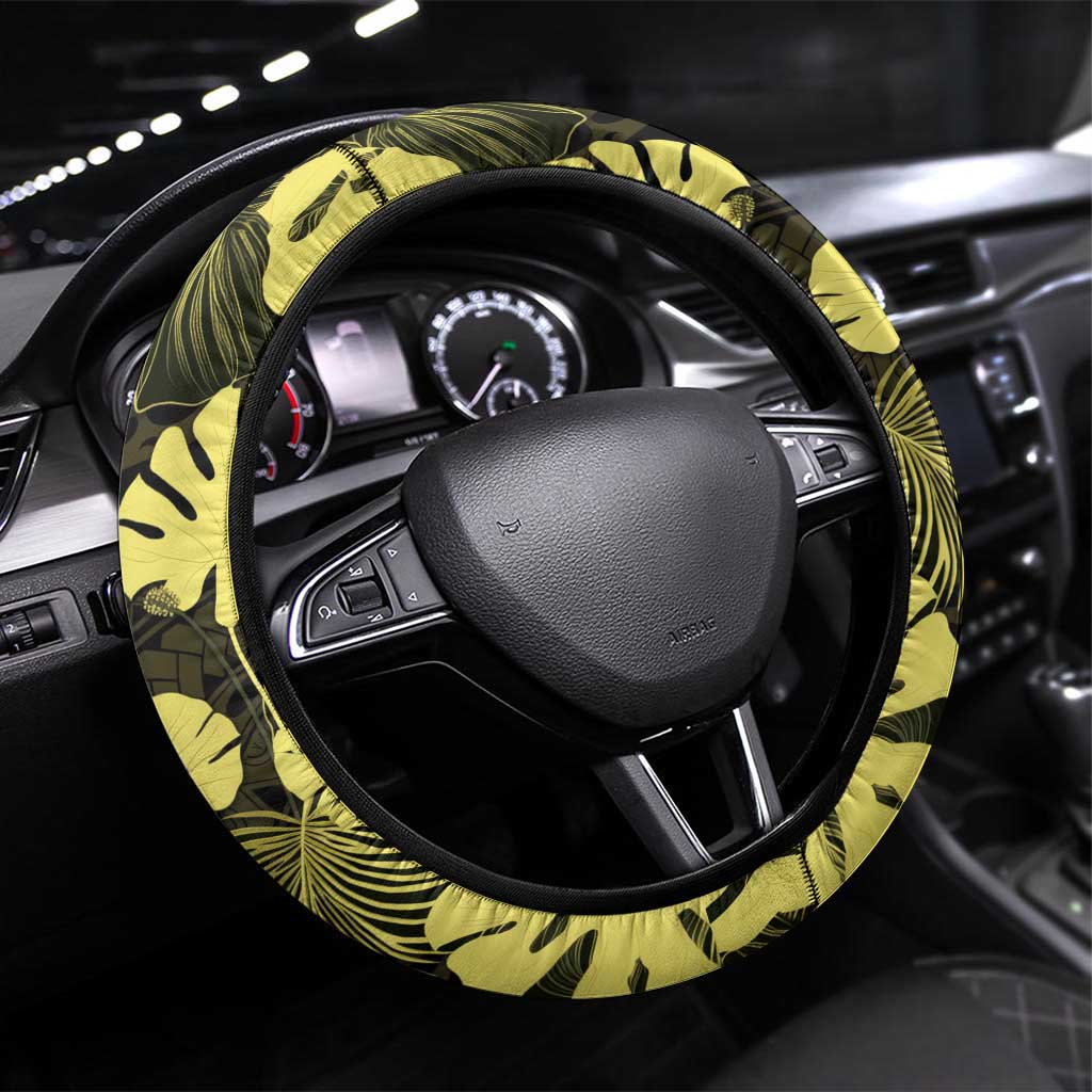 Yellow Hawaii Kukui Nut Lei Steering Wheel Cover Hawaiian Pattern Monstera Tropical Vibes - Polynesian Pride
