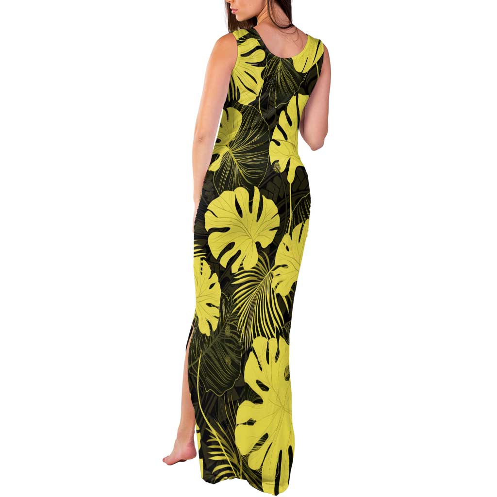 Yellow Hawaii Kukui Nut Lei Tank Maxi Dress Hawaiian Pattern Monstera Tropical Vibes - Polynesian Pride