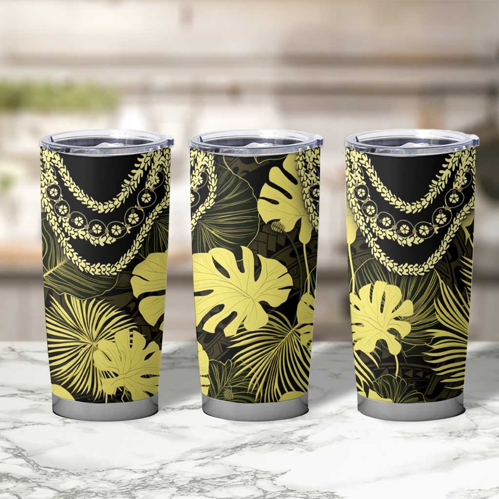 Yellow Hawaii Kukui Nut Lei Tumbler Cup Hawaiian Pattern Monstera Tropical Vibes - Polynesian Pride