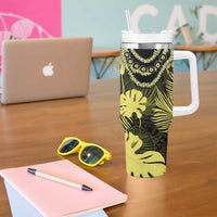 Yellow Hawaii Kukui Nut Lei Tumbler With Handle Hawaiian Pattern Monstera Tropical Vibes - Polynesian Pride