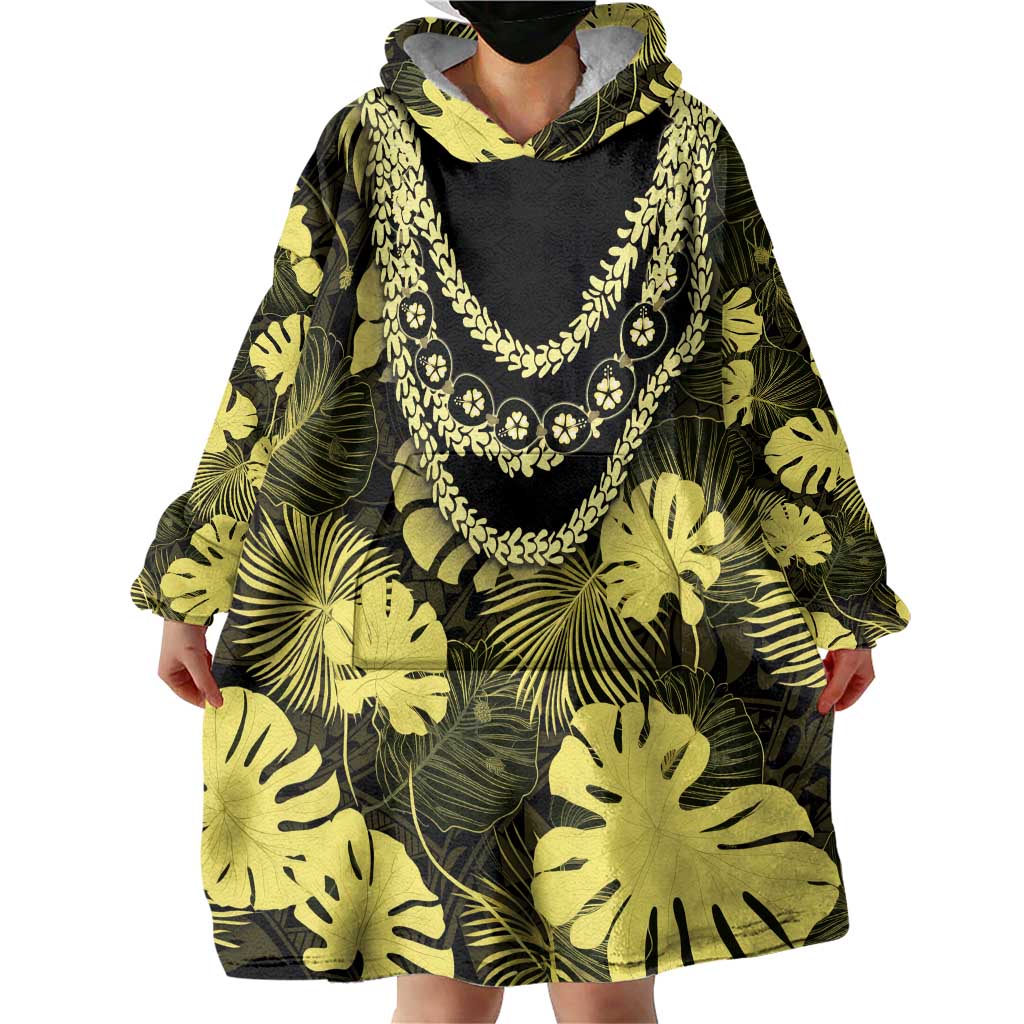 Yellow Hawaii Kukui Nut Lei Wearable Blanket Hoodie Hawaiian Pattern Monstera Tropical Vibes LT14 - Polynesian Pride