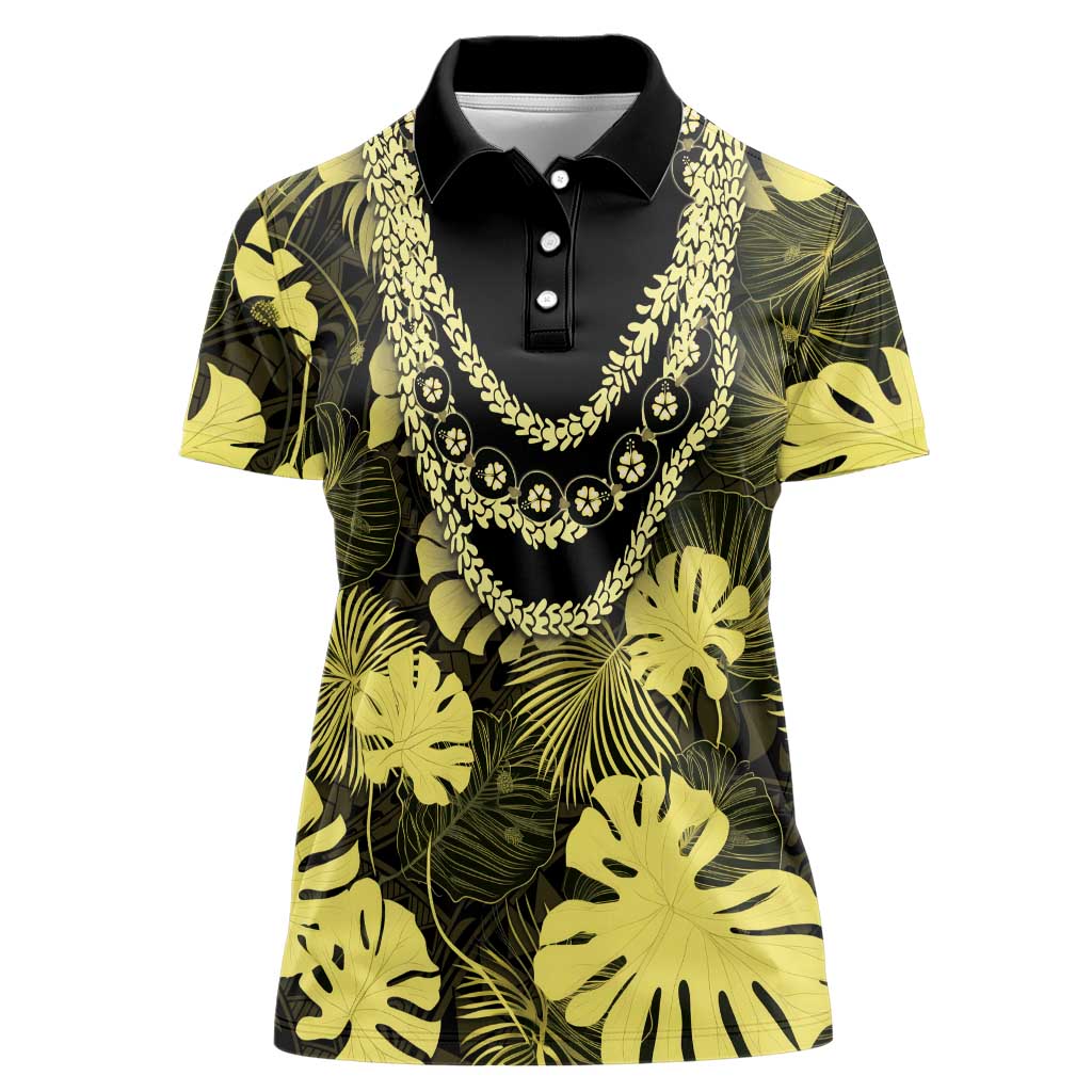 Yellow Hawaii Kukui Nut Lei Women Polo Shirt Hawaiian Pattern Monstera Tropical Vibes - Polynesian Pride