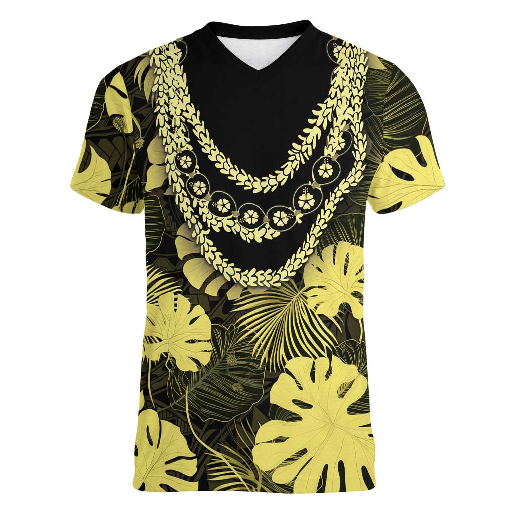 Yellow Hawaii Kukui Nut Lei Women V-Neck T-Shirt Hawaiian Pattern Monstera Tropical Vibes LT14 Female Yellow - Polynesian Pride