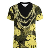 Yellow Hawaii Kukui Nut Lei Women V-Neck T-Shirt Hawaiian Pattern Monstera Tropical Vibes LT14 Female Yellow - Polynesian Pride