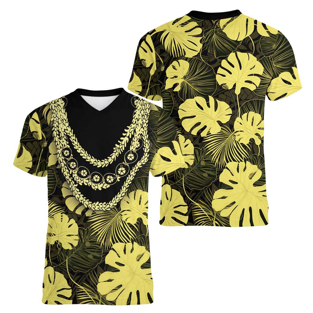 Yellow Hawaii Kukui Nut Lei Women V-Neck T-Shirt Hawaiian Pattern Monstera Tropical Vibes LT14 - Polynesian Pride