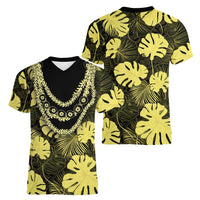 Yellow Hawaii Kukui Nut Lei Women V-Neck T-Shirt Hawaiian Pattern Monstera Tropical Vibes LT14 - Polynesian Pride