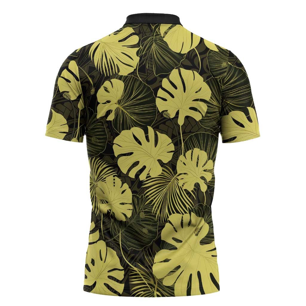 Yellow Hawaii Kukui Nut Lei Zipper Polo Shirt Hawaiian Pattern Monstera Tropical Vibes LT14 - Polynesian Pride
