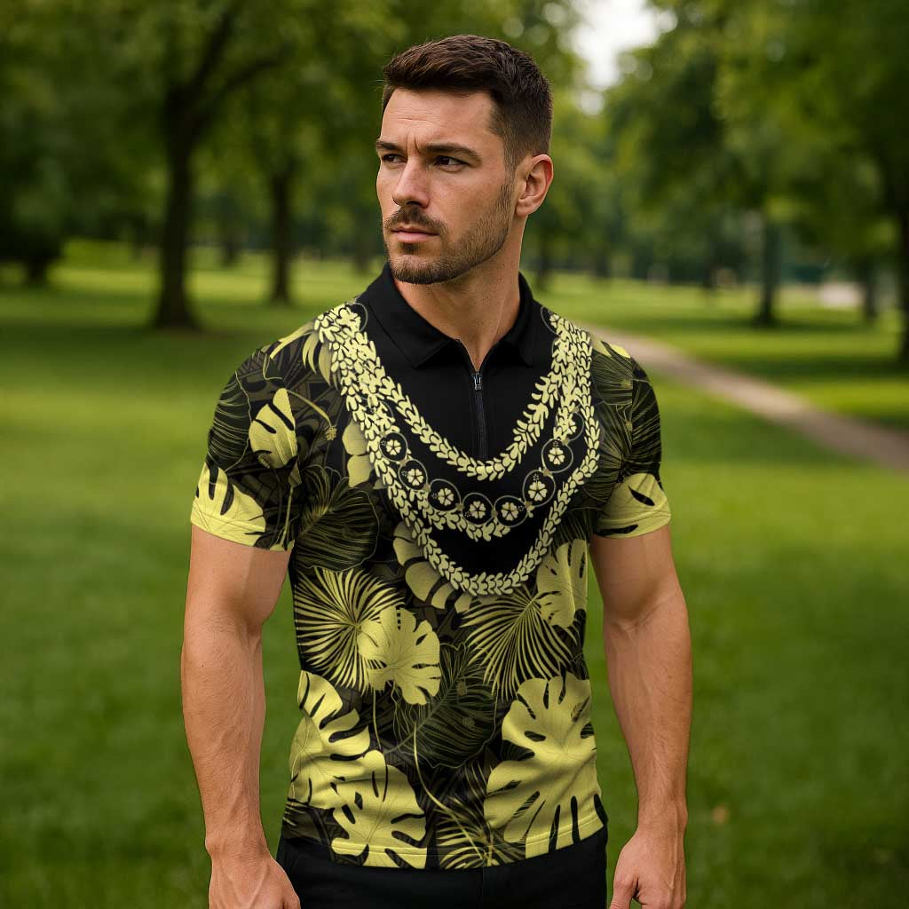 Yellow Hawaii Kukui Nut Lei Zipper Polo Shirt Hawaiian Pattern Monstera Tropical Vibes LT14 - Polynesian Pride
