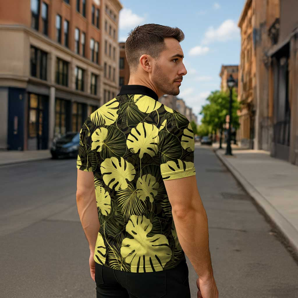 Yellow Hawaii Kukui Nut Lei Zipper Polo Shirt Hawaiian Pattern Monstera Tropical Vibes LT14 - Polynesian Pride