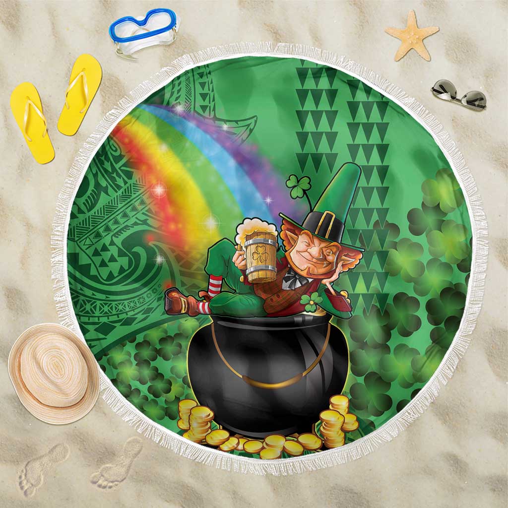 Hawaii Saint Patrick's Day Beach Blanket Funny Leprechaun With Pot Of Gold - Polynesian Tattoo LT14 One Size 150cm Green - Polynesian Pride