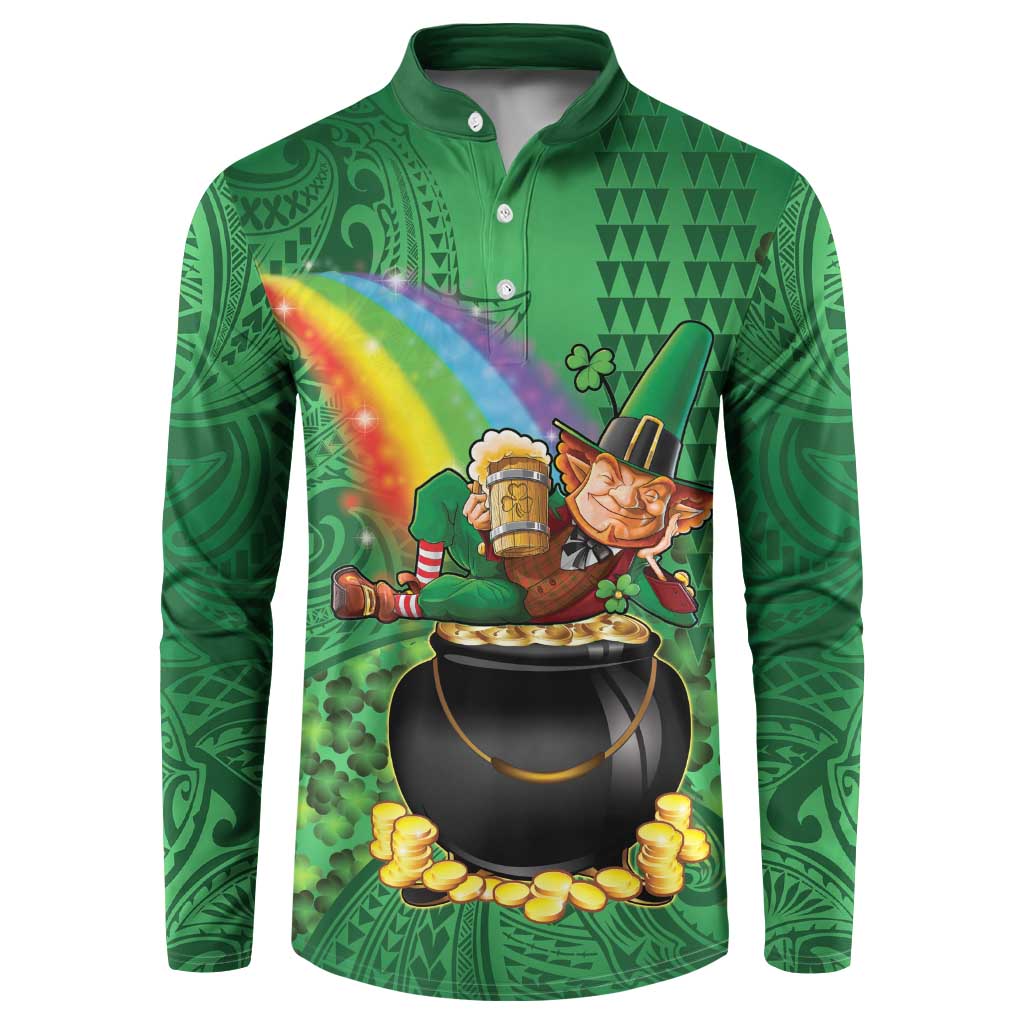 Hawaii Saint Patrick's Day Button Sweatshirt Funny Leprechaun With Pot Of Gold - Polynesian Tattoo LT14 Green - Polynesian Pride
