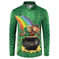 Hawaii Saint Patrick's Day Button Sweatshirt Funny Leprechaun With Pot Of Gold - Polynesian Tattoo LT14 Green - Polynesian Pride