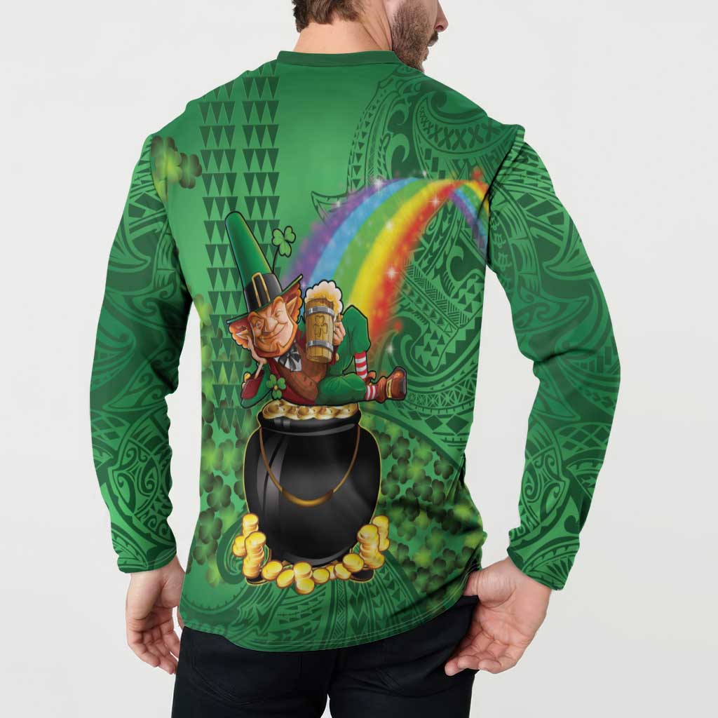 Hawaii Saint Patrick's Day Button Sweatshirt Funny Leprechaun With Pot Of Gold - Polynesian Tattoo LT14 - Polynesian Pride