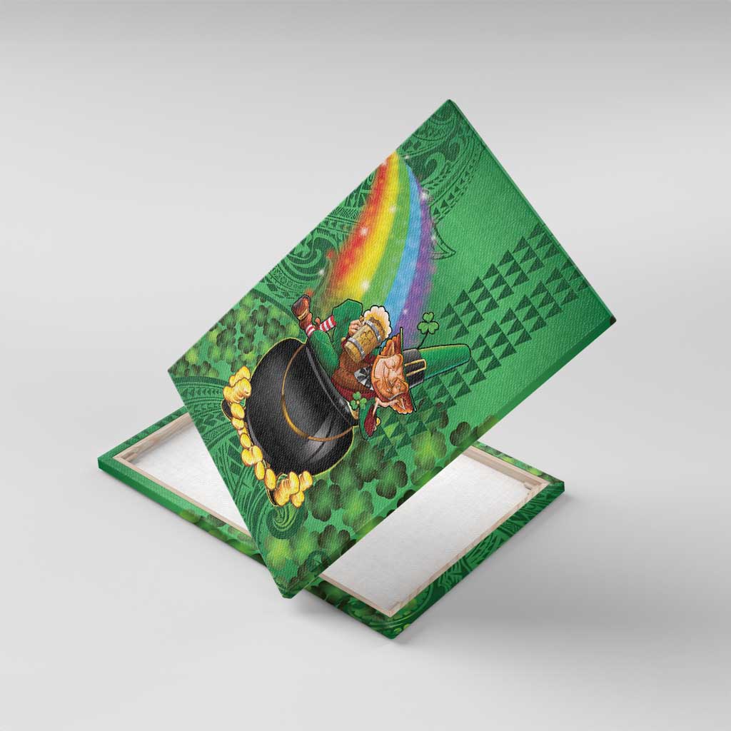 Hawaii Saint Patrick's Day Canvas Wall Art Funny Leprechaun With Pot Of Gold - Polynesian Tattoo LT14 With Frame Green - Polynesian Pride