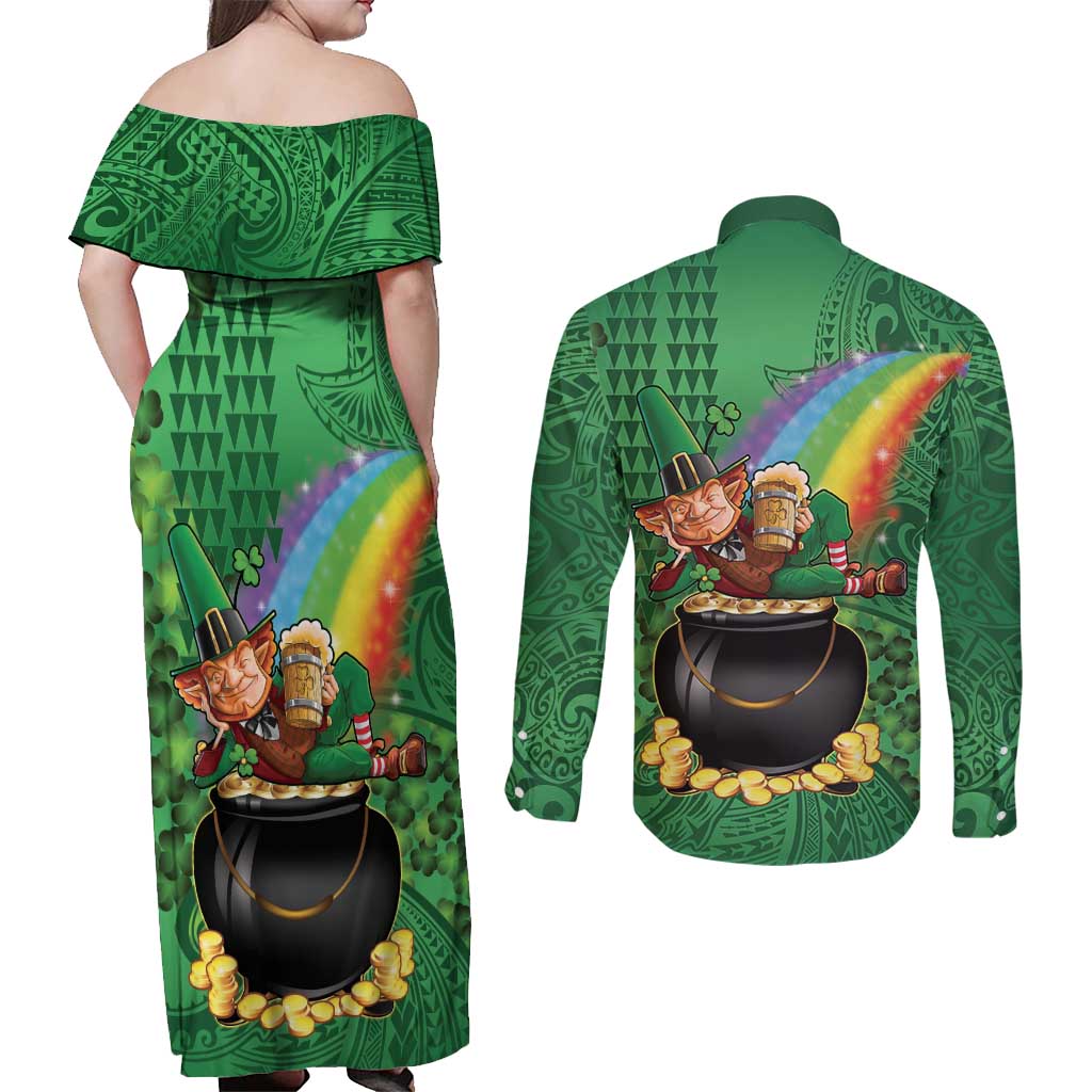Hawaii Saint Patrick's Day Couples Matching Off Shoulder Maxi Dress and Long Sleeve Button Shirt Funny Leprechaun With Pot Of Gold - Polynesian Tattoo