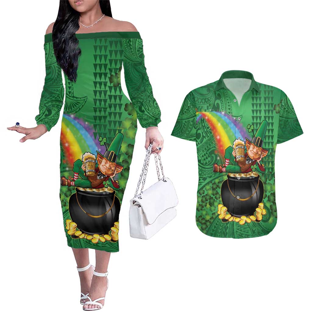 Hawaii Saint Patrick's Day Couples Matching Off The Shoulder Long Sleeve Dress and Hawaiian Shirt Funny Leprechaun With Pot Of Gold - Polynesian Tattoo LT14 Green - Polynesian Pride