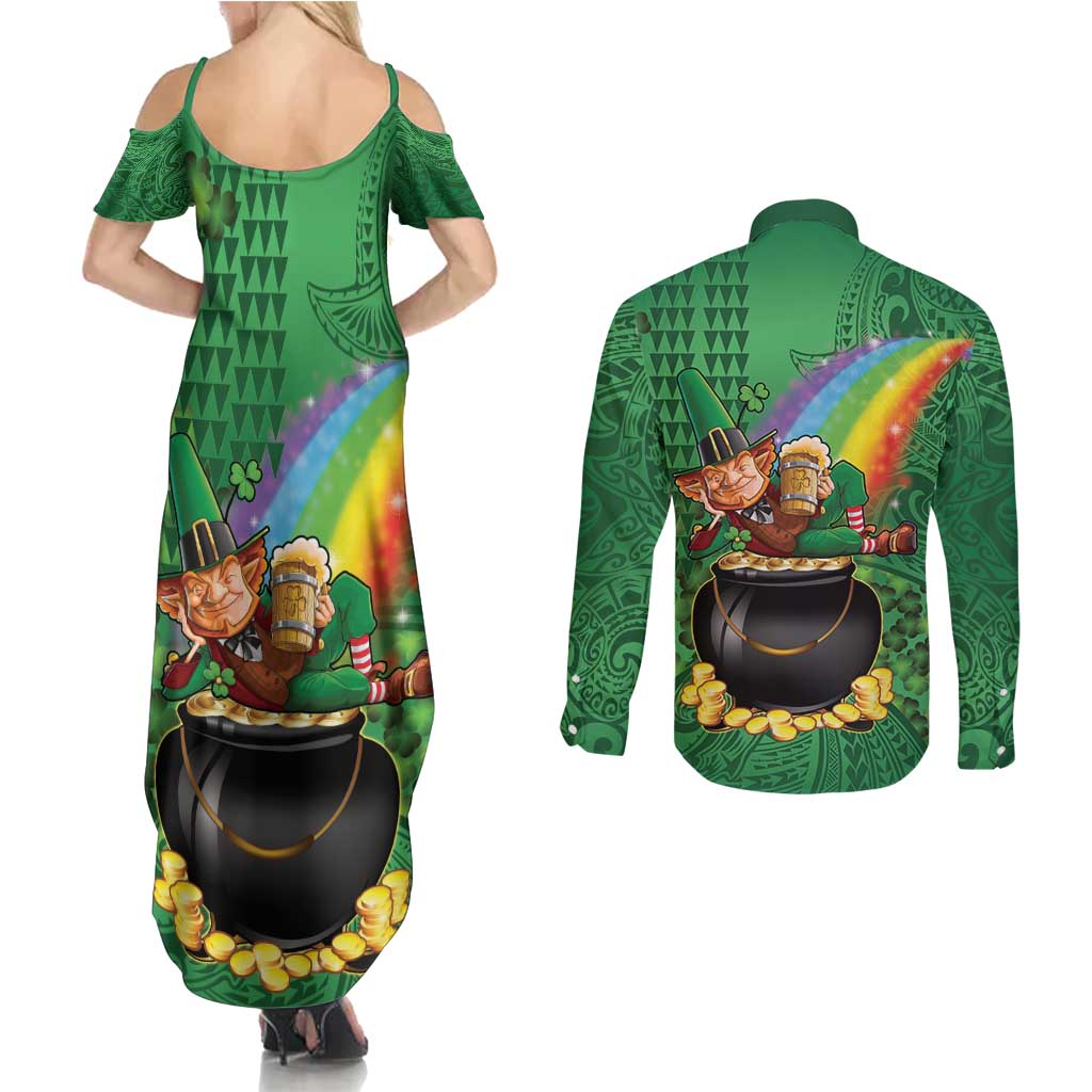 Hawaii Saint Patrick's Day Couples Matching Summer Maxi Dress and Long Sleeve Button Shirt Funny Leprechaun With Pot Of Gold - Polynesian Tattoo